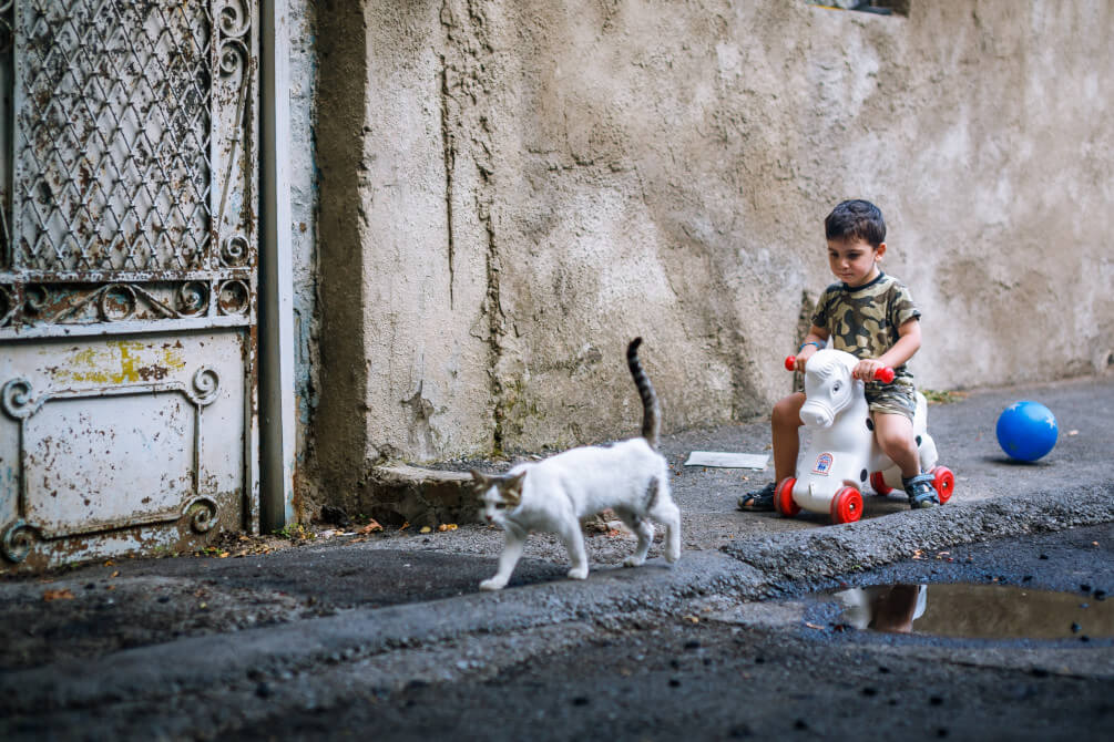 Kind mit Katze auf der Straße